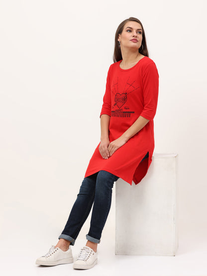 Women's Cotton Printed 3/4 Sleeve Red Color Long Top