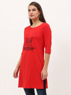 Women's Cotton Printed 3/4 Sleeve Red Color Long Top