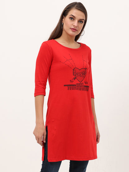 Women's Cotton Printed 3/4 Sleeve Red Color Long Top