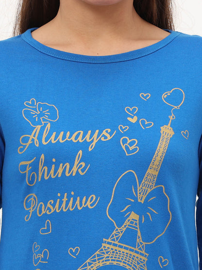 Women's Cotton Printed 3/4 Sleeve Royal Blue Color Long Top
