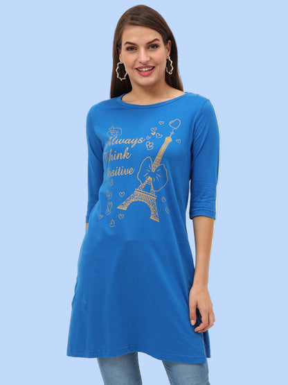 Women's Cotton Printed 3/4 Sleeve Royal Blue Color Long Top
