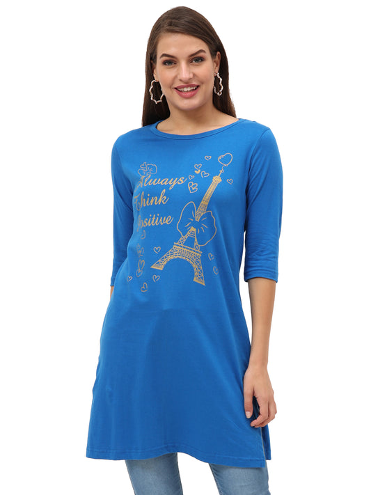 Women's Cotton Printed 3/4 Sleeve Royal Blue Color Long Top