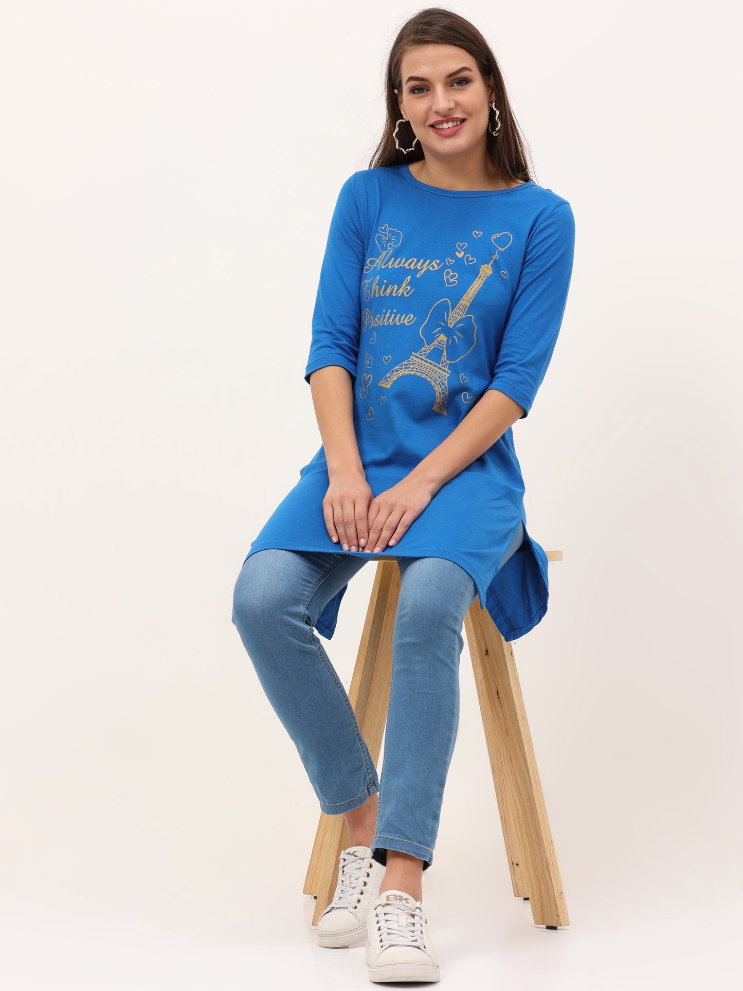 Women's Cotton Printed 3/4 Sleeve Royal Blue Color Long Top