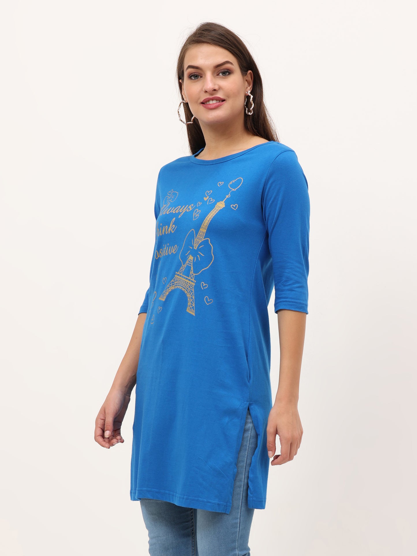 Women's Cotton Printed 3/4 Sleeve Royal Blue Color Long Top