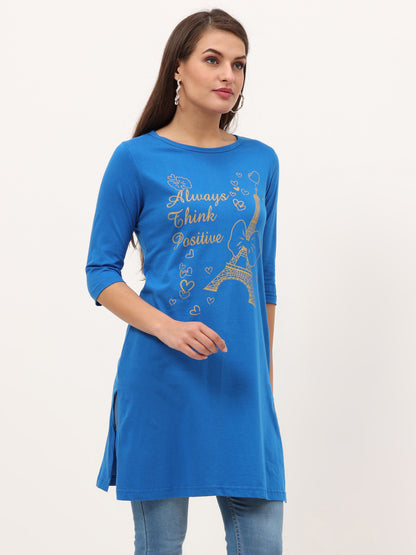 Women's Cotton Printed 3/4 Sleeve Royal Blue Color Long Top