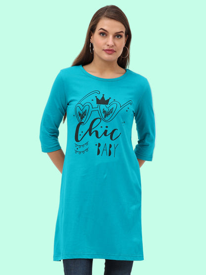 Women's Cotton Printed 3/4 Sleeve Shade Green Color Long Top