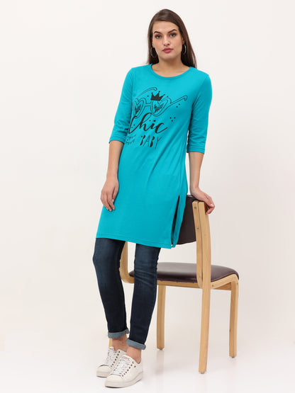Women's Cotton Printed 3/4 Sleeve Shade Green Color Long Top