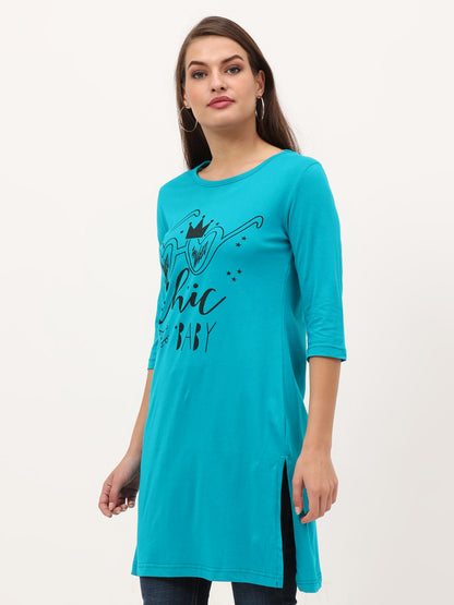 Women's Cotton Printed 3/4 Sleeve Shade Green Color Long Top