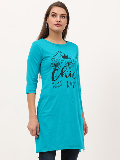Women's Cotton Printed 3/4 Sleeve Shade Green Color Long Top