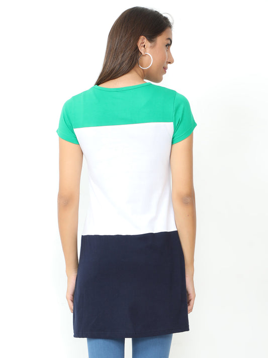 Women's Cotton Color Block Round Neck Long Top with Side Cut