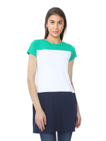 Women's Cotton Color Block Round Neck Long Top with Side Cut