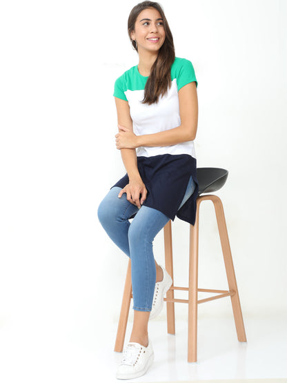 Women's Cotton Color Block Round Neck Long Top with Side Cut