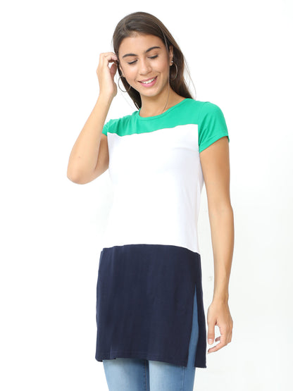 Women's Cotton Color Block Round Neck Long Top with Side Cut