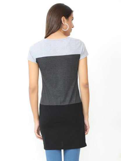 Women's Cotton Color Block Round Neck Long Top with Side Cut