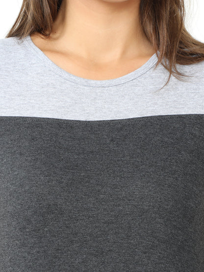 Women's Cotton Color Block Round Neck Long Top with Side Cut
