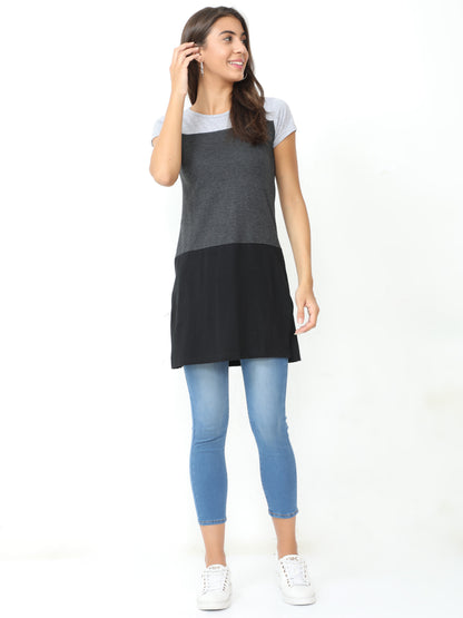 Women's Cotton Color Block Round Neck Long Top with Side Cut