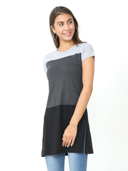 Women's Cotton Color Block Round Neck Long Top with Side Cut