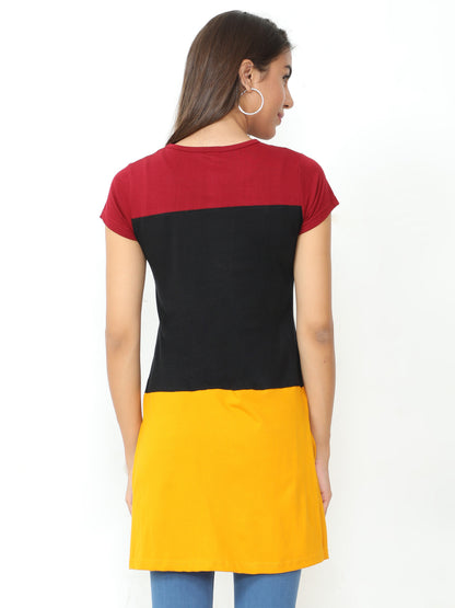 Women's Cotton Color Block Round Neck Long Top with Side Cut