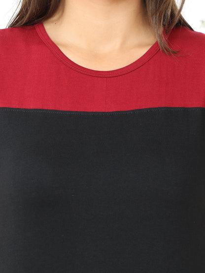 Women's Cotton Color Block Round Neck Long Top with Side Cut