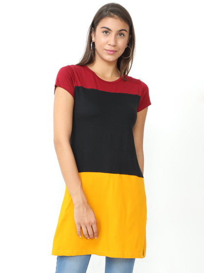 Women's Cotton Color Block Round Neck Long Top with Side Cut