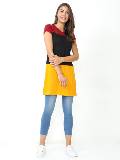 Women's Cotton Color Block Round Neck Long Top with Side Cut