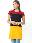 Women's Cotton Color Block Round Neck Long Top with Side Cut