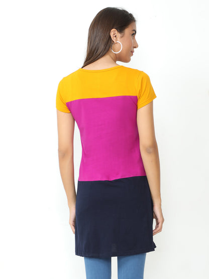 Women's Cotton Color Block Round Neck Long Top with Side Cut
