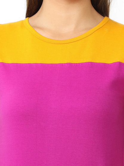 Women's Cotton Color Block Round Neck Long Top with Side Cut