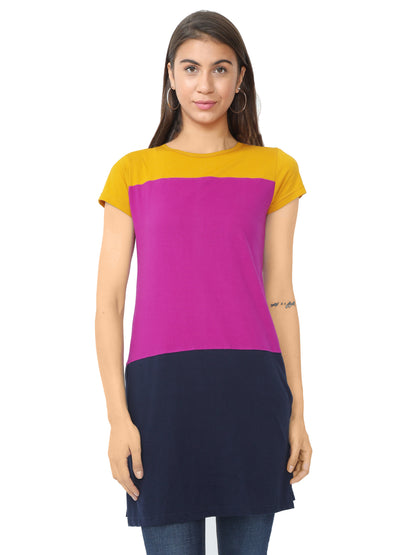 Women's Cotton Color Block Round Neck Long Top with Side Cut