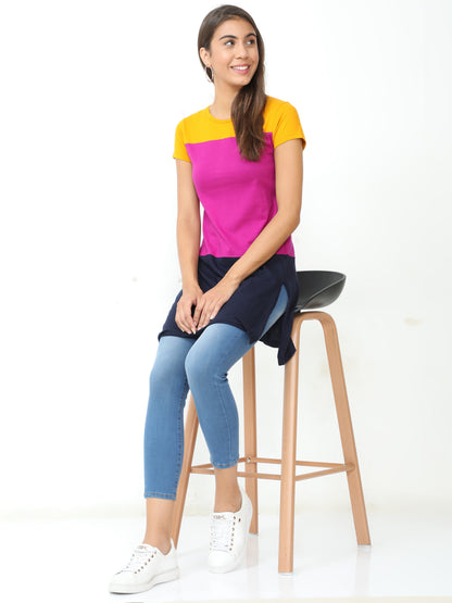 Women's Cotton Color Block Round Neck Long Top with Side Cut