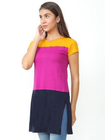 Women's Cotton Color Block Round Neck Long Top with Side Cut