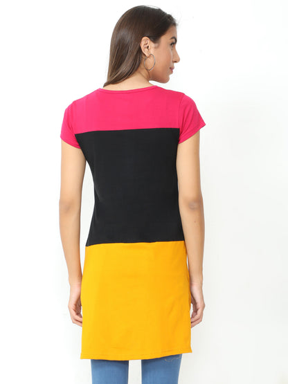 Women's Cotton Color Block Round Neck Long Top with Side Cut