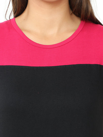 Women's Cotton Color Block Round Neck Long Top with Side Cut