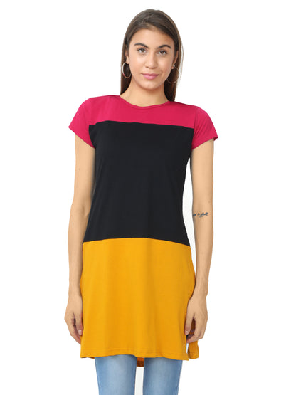 Women's Cotton Color Block Round Neck Long Top with Side Cut