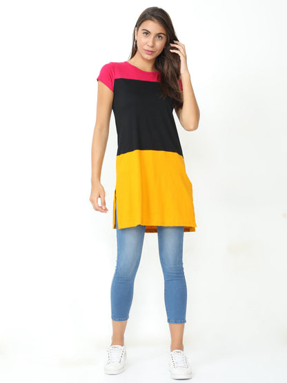 Women's Cotton Color Block Round Neck Long Top with Side Cut