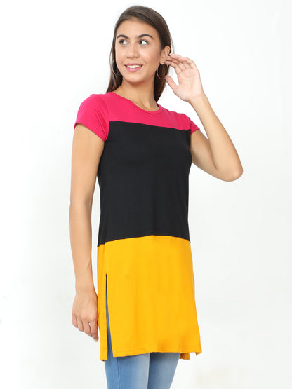 Women's Cotton Color Block Round Neck Long Top with Side Cut