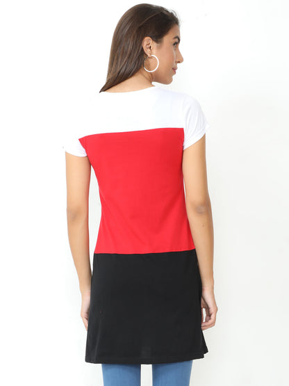 Women's Cotton Color Block Round Neck Long Top with Side Cut