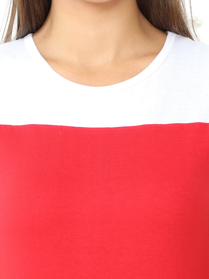 Women's Cotton Color Block Round Neck Long Top with Side Cut