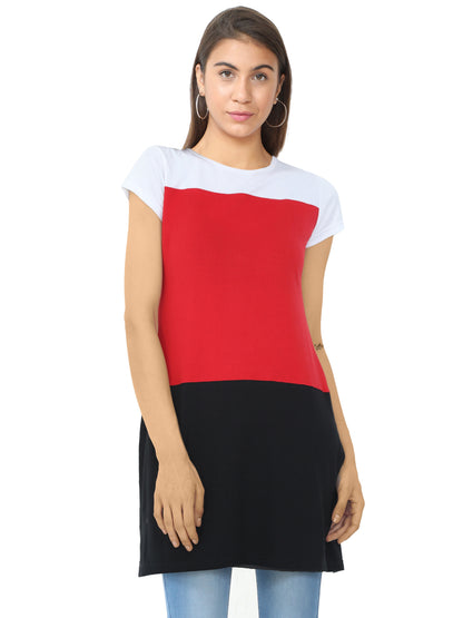 Women's Cotton Color Block Round Neck Long Top with Side Cut