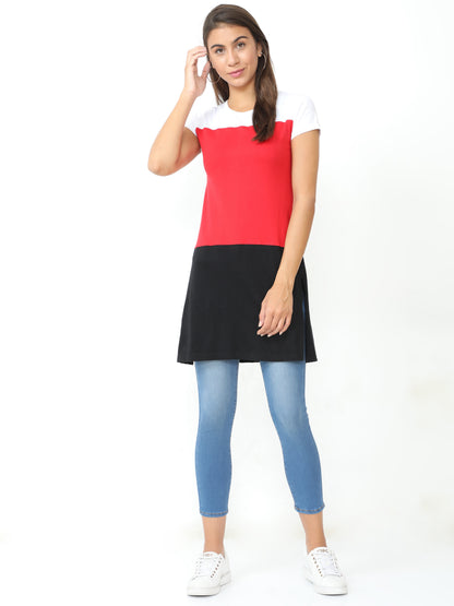 Women's Cotton Color Block Round Neck Long Top with Side Cut