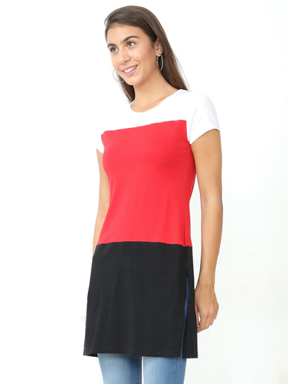 Women's Cotton Color Block Round Neck Long Top with Side Cut