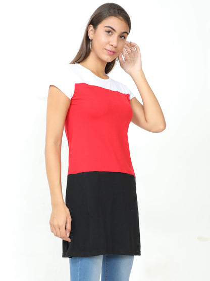 Women's Cotton Color Block Round Neck Long Top with Side Cut