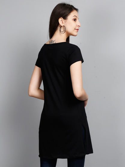 Women's Cotton Round Neck Black Color Long Top Chest Printed with Side Cut