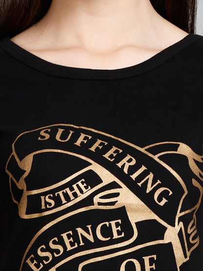 Women's Cotton Round Neck Black Color Long Top Chest Printed with Side Cut