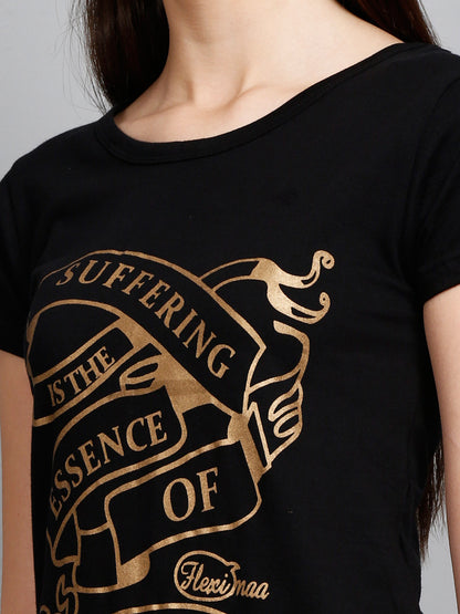 Women's Cotton Round Neck Long Top Chest Printed with Side Cut