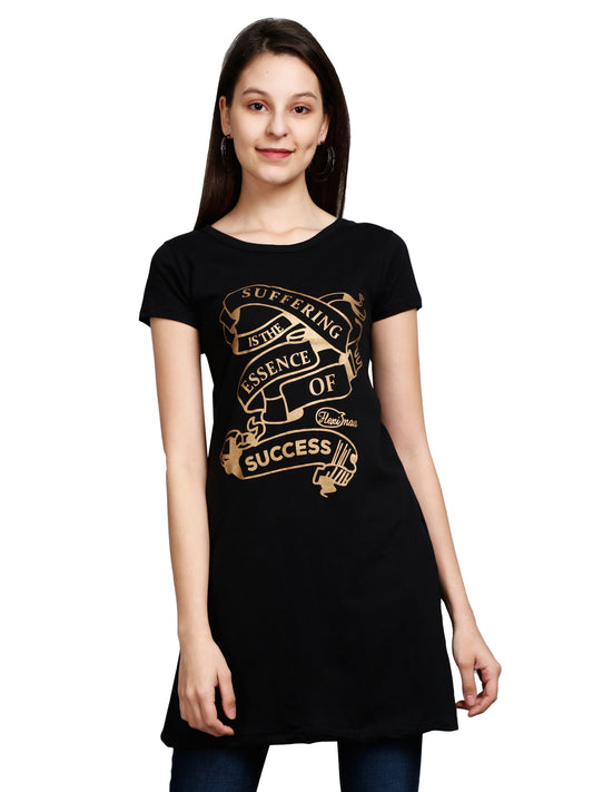 Women's Cotton Round Neck Black Color Long Top Chest Printed with Side Cut