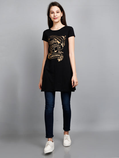 Women's Cotton Round Neck Long Top Chest Printed with Side Cut