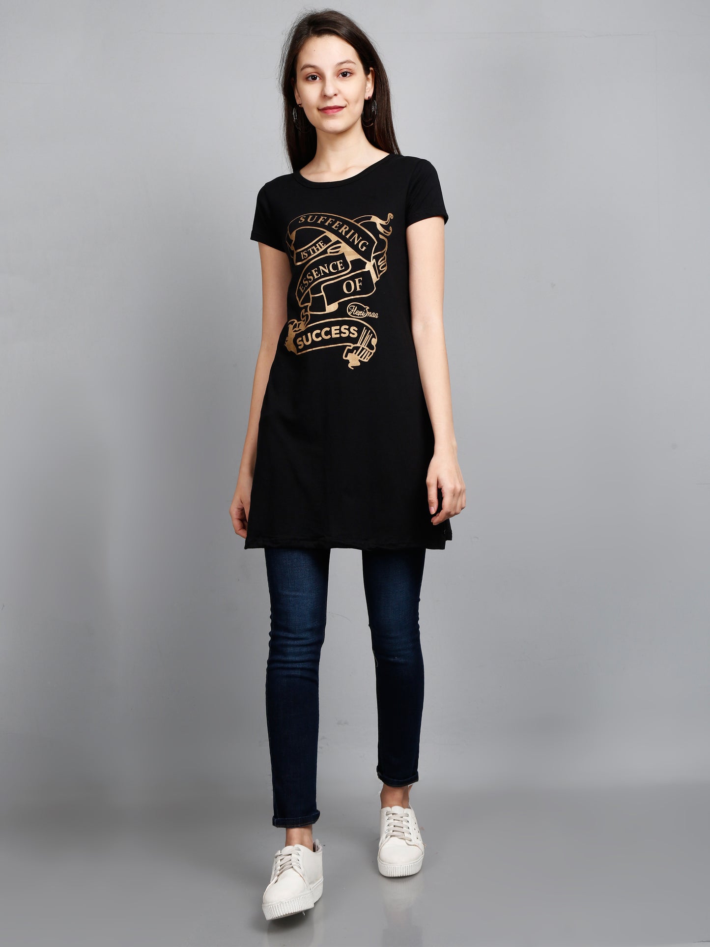 Women's Cotton Round Neck Black Color Long Top Chest Printed with Side Cut