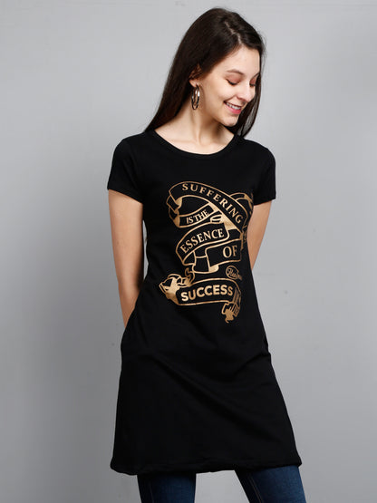 Women's Cotton Round Neck Black Color Long Top Chest Printed with Side Cut