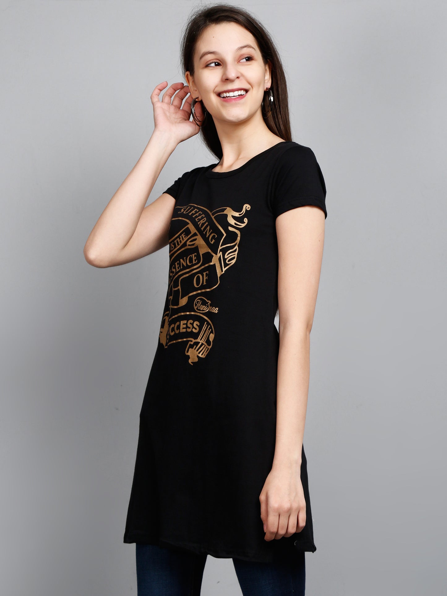 Women's Cotton Round Neck Black Color Long Top Chest Printed with Side Cut